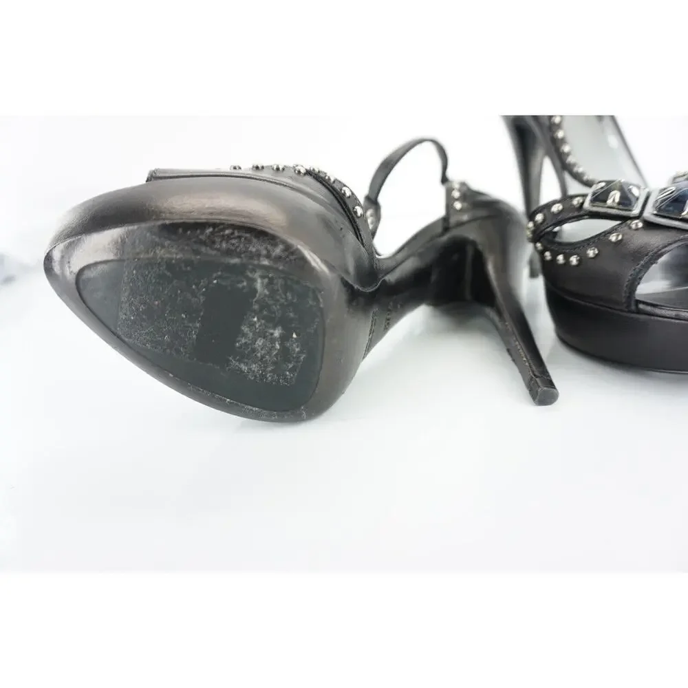 Miu Miu Black Leather Studded Ankle T Strap Platform Sandals